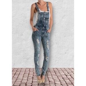 Acid Wash Destroyed Blue Jean Stonewashed Distressed Jumper Overalls Skinny Legs